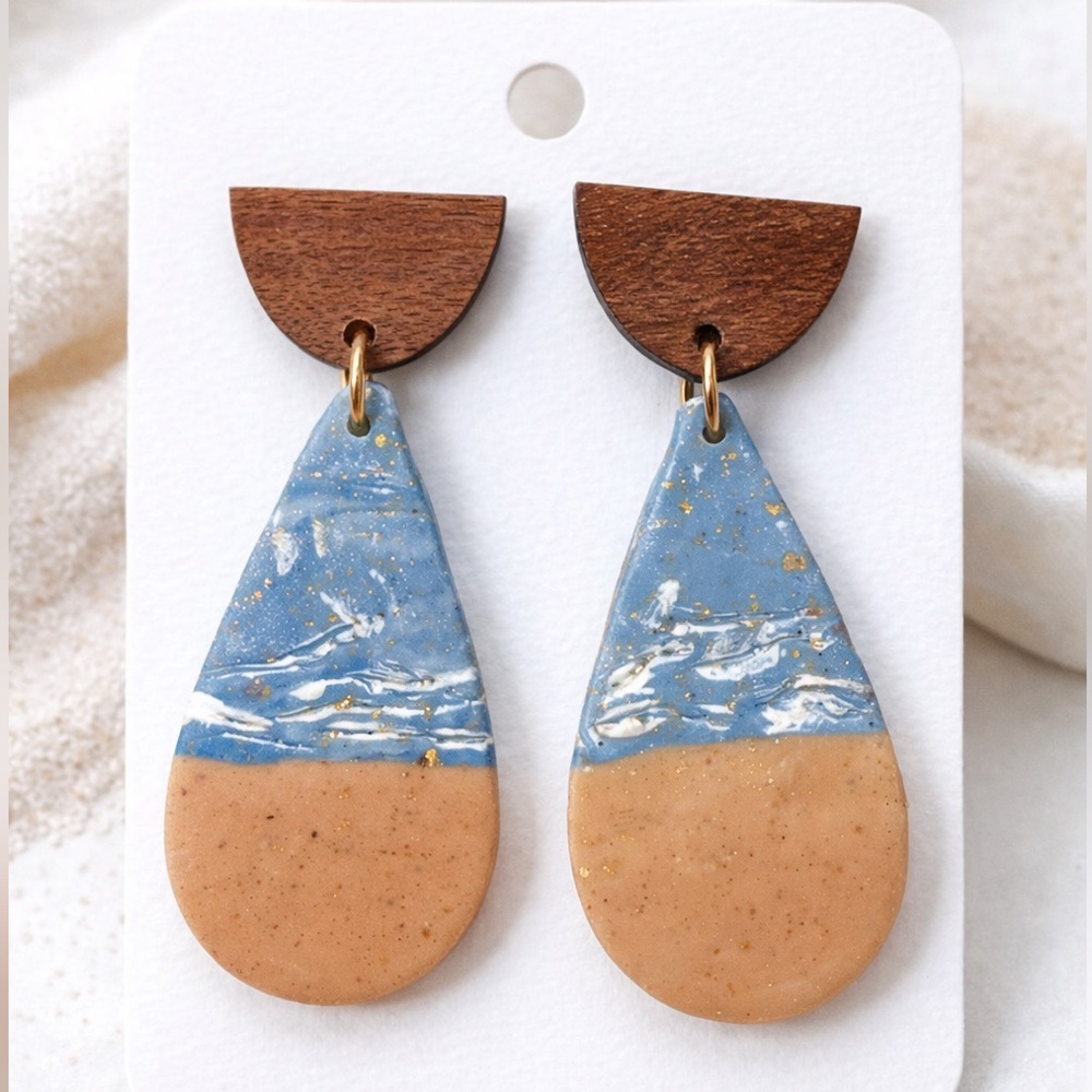 Handmade Blue & Tan Beach-Inspired Teardrop Earrings
